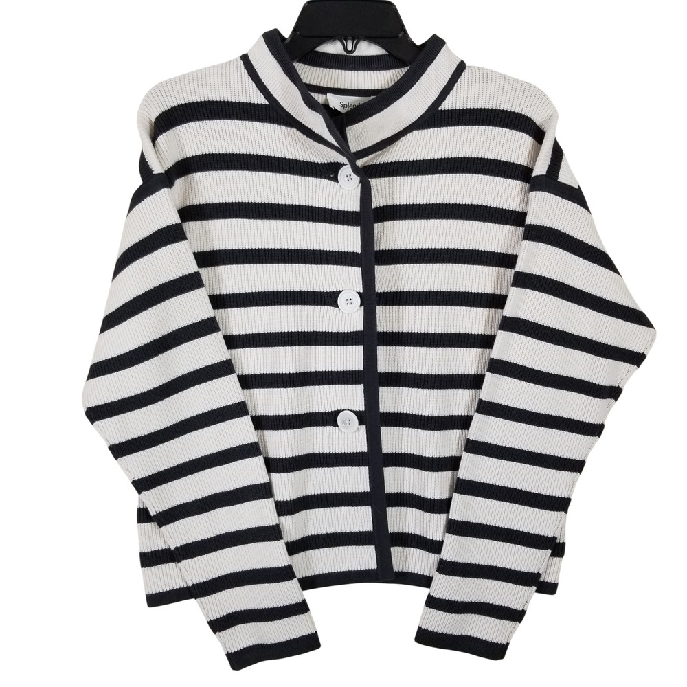 Splendid Black White Striped Ribbed Knit Cardigan Sweater Mock Neck RS5J100 New